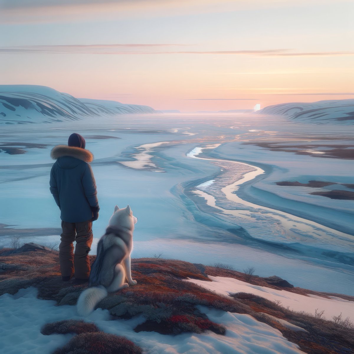 Good morning! ❄️☀️☕ This morning, the Arctic whispers wisdom with the wind. Sisu and I listen closely. Nature’s lessons are profound and silent, found in each moment under the vast skies. Let's all take in the land's silent wisdom and cherish the peace it brings this morning.🏔️