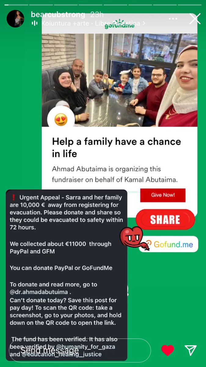 Simona Bearcub also regularly uses their stories on their IG account to share CF requests for our indigenous cousins overseas in Palest!ne.

Like in this request to help support the family of Dr. Ahmad Abutaima
#AltTextPalestine 
🔗: gofund.me/7c133e62