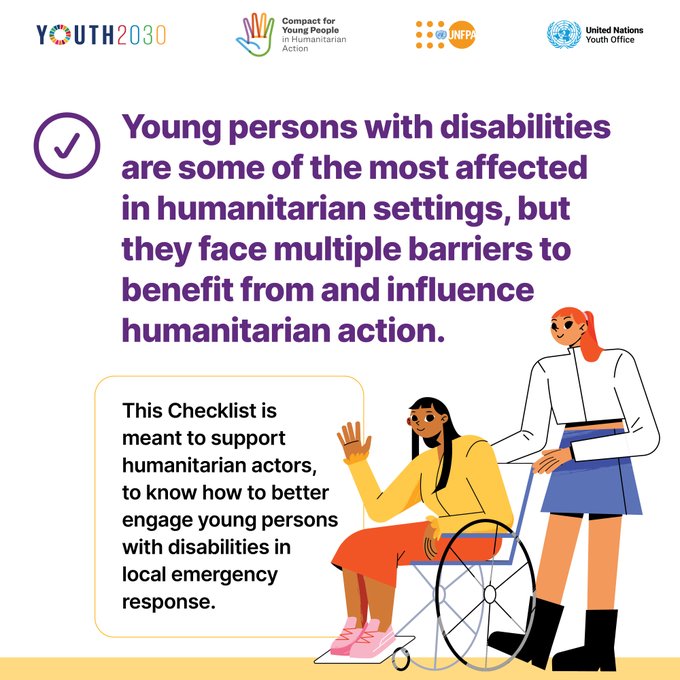Johnrobert4270L's tweet photo. Many young people with disabilities face barriers during humanitarian crises, compounding the challenges they navigate daily ‼️

Explore this checklist to ensure youth with disabilities are meaningfully engaged in humanitarian response ➡ https://t.co/AXpsvPPLIV

@UNYouthAffairs https://t.co/By6ZcbxZWI