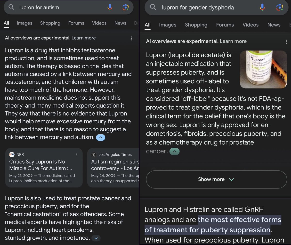 Lupron used for autism is the same Lupron used for “gender dysphoria.” Googling “Lupron for autism” shows various risks, including heart problems, stunted growth, and impotence. However, Googling “Lupron for gender dysphoria” omits these same risks highlighted by medical experts.