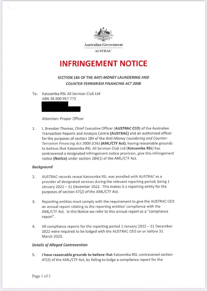 Katoomba RSL has been fined $16,500 for a breach of anti-money laundering and counter-terrorism laws. Well-spotted by ⁦@TroyStolz⁩