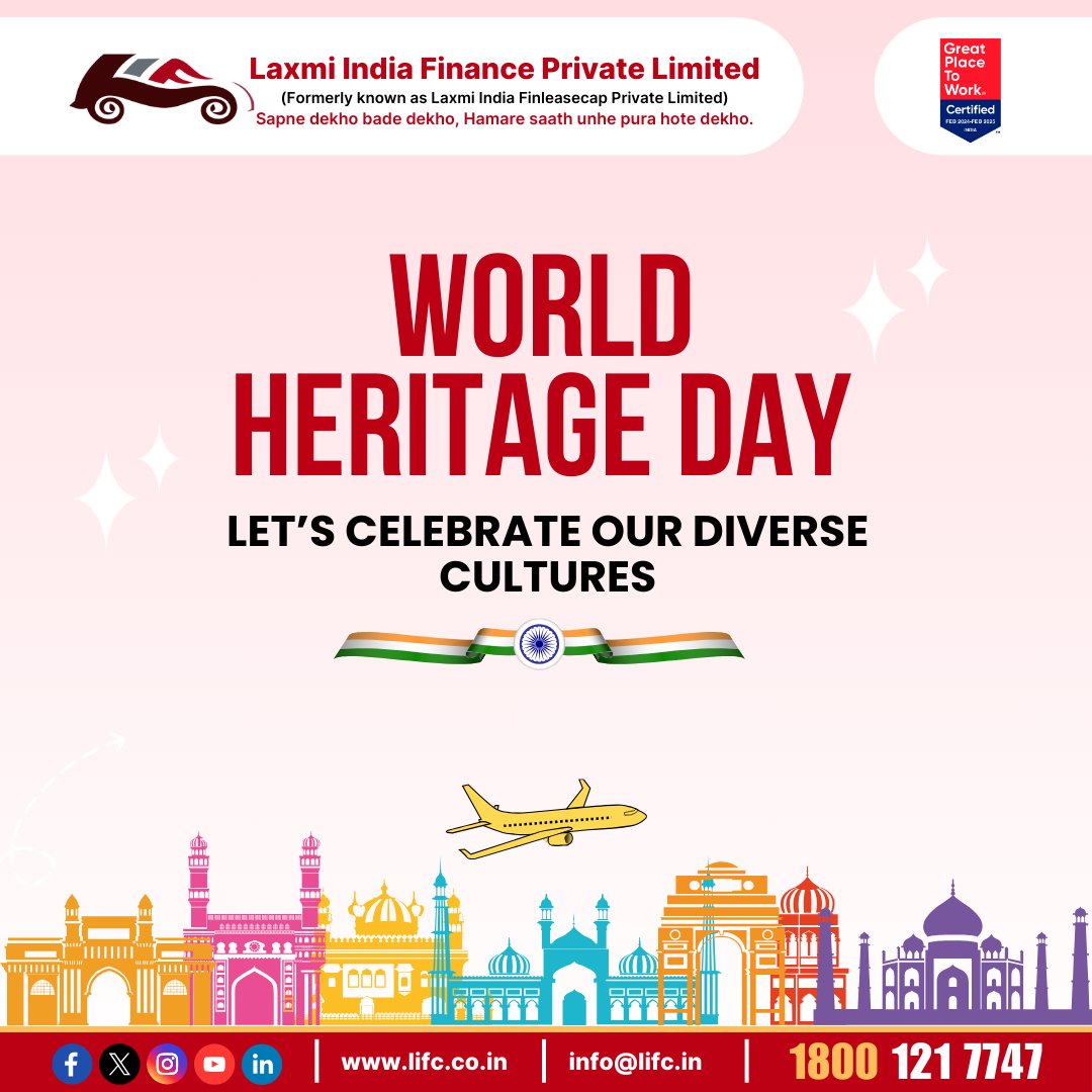 World Heritage Day
Let’s Celebrate Our Diverse Cultures
#WorldHeritageDay
#LaxmiIndiaFinance #NBFC #LoanForMSME #LoanAgainstProperty #CommercialVehicleLoan #PersonalLoan #BusinessLoan #JaipurFinance #FinanceIndia