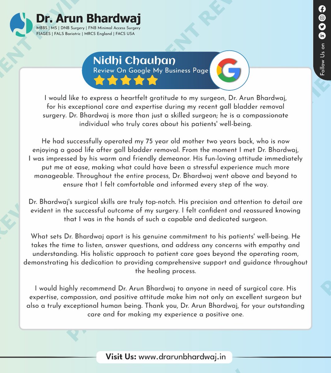 Your Joy Fuels Our Dedication: Delivering Exceptional Care at Every Turn.
Visit website - drarunbhardwaj.in
#patienttestimonial #grateful #patientreview #patientreviews #patientfeedback #patientcare #patient #review #happypatient #medical #treatment #doctor #care #dental