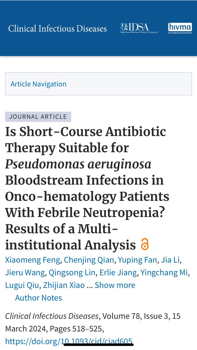 infeccHRUmalaga's tweet photo. Es posible acortar tratamiento antibiótico en bacteriemia #Paeruginosa en #NeutropeniaFebril en Neoplasias #OncoHematologicas 🦀🩸?En @CIDJournal tratamiento CORTO💊📆 (7–11 días)🆚PROLONGADO💊📆📆📆(12–21 días) NO fue INFERIOR #ShorterIsBetter 
🔗🆓👉🏻 https://t.co/e8Cwq0H5zK https://t.co/mPrc1cc3uO