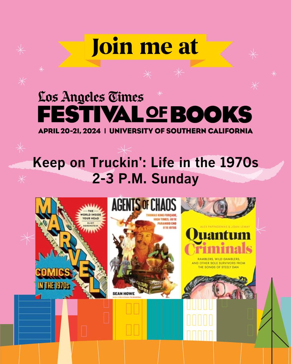 Sean Howe (@seanhowe) on Twitter photo This Sunday, 2pm, in Los Angeles, at <a href="/latimesfob/">LA Times Festival of Books</a>!
<a href="/vanessafranko/">Vanessa Franko</a> will be talking with Eliot Borenstein, <a href="/PAPPADEMAS/">PAPPADEMAS</a> & yrs truly about, you guessed it, the Nineteen Seventies.
(I've read all three of these books, and can wholeheartedly recommend.) This Sunday, 2pm, in Los Angeles, at <a href="/latimesfob/">LA Times Festival of Books</a>!
<a href="/vanessafranko/">Vanessa Franko</a> will be talking with Eliot Borenstein, <a href="/PAPPADEMAS/">PAPPADEMAS</a> & yrs truly about, you guessed it, the Nineteen Seventies.
(I've read all three of these books, and can wholeheartedly recommend.)