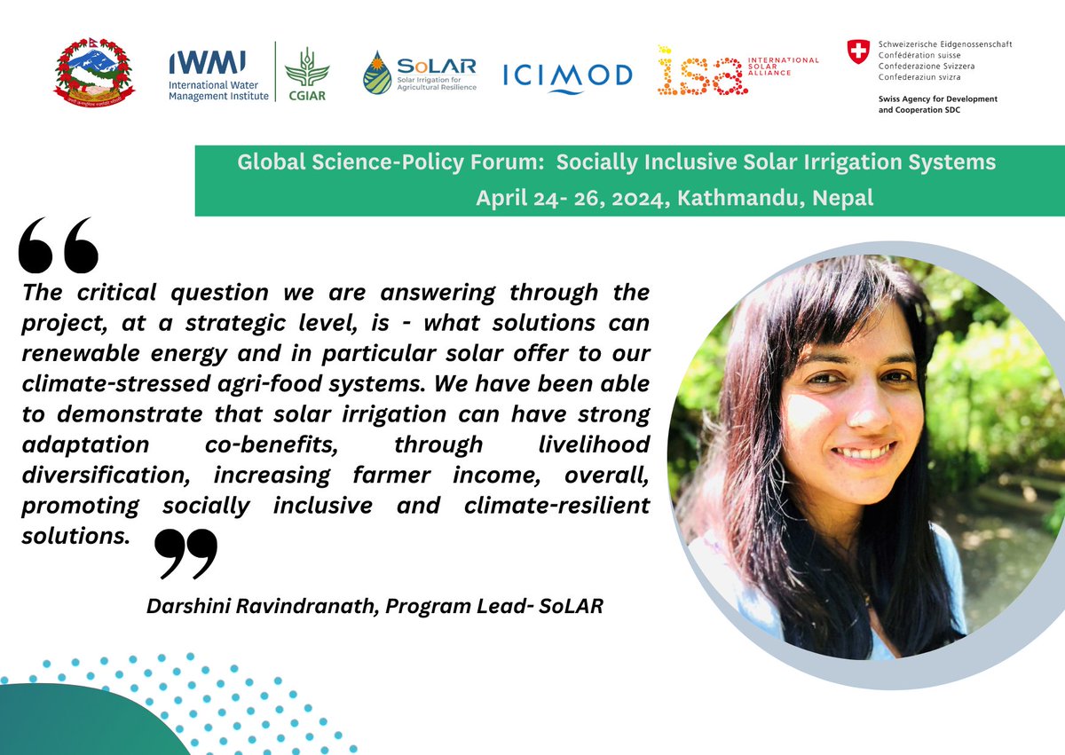 6️⃣ days until the #SoLAR Global Forum! Using learnings from South Asia, this forum will present unique insights on the effectiveness of solar irrigation as a strategy to sustainably manage water, energy, food and climate interlinkages. For more details▶️ on.cgiar.org/444177E