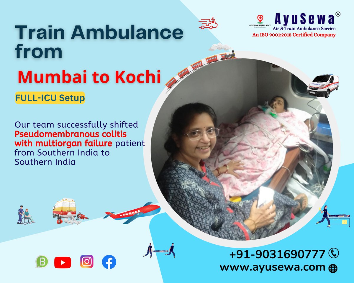 Train Ambulance by #AyuSewa from #Mumbai to #Kochi. Our team successfully shifted Pseudomembranous colitis with a multiorgan failure patient.
9031690777
ayusewa.com
#MumbaiToKochi #MumbaiTrainAmbulance #KochiTrainAmbulance #AyuSewaTeam #Ambulance #TrainAmbulance