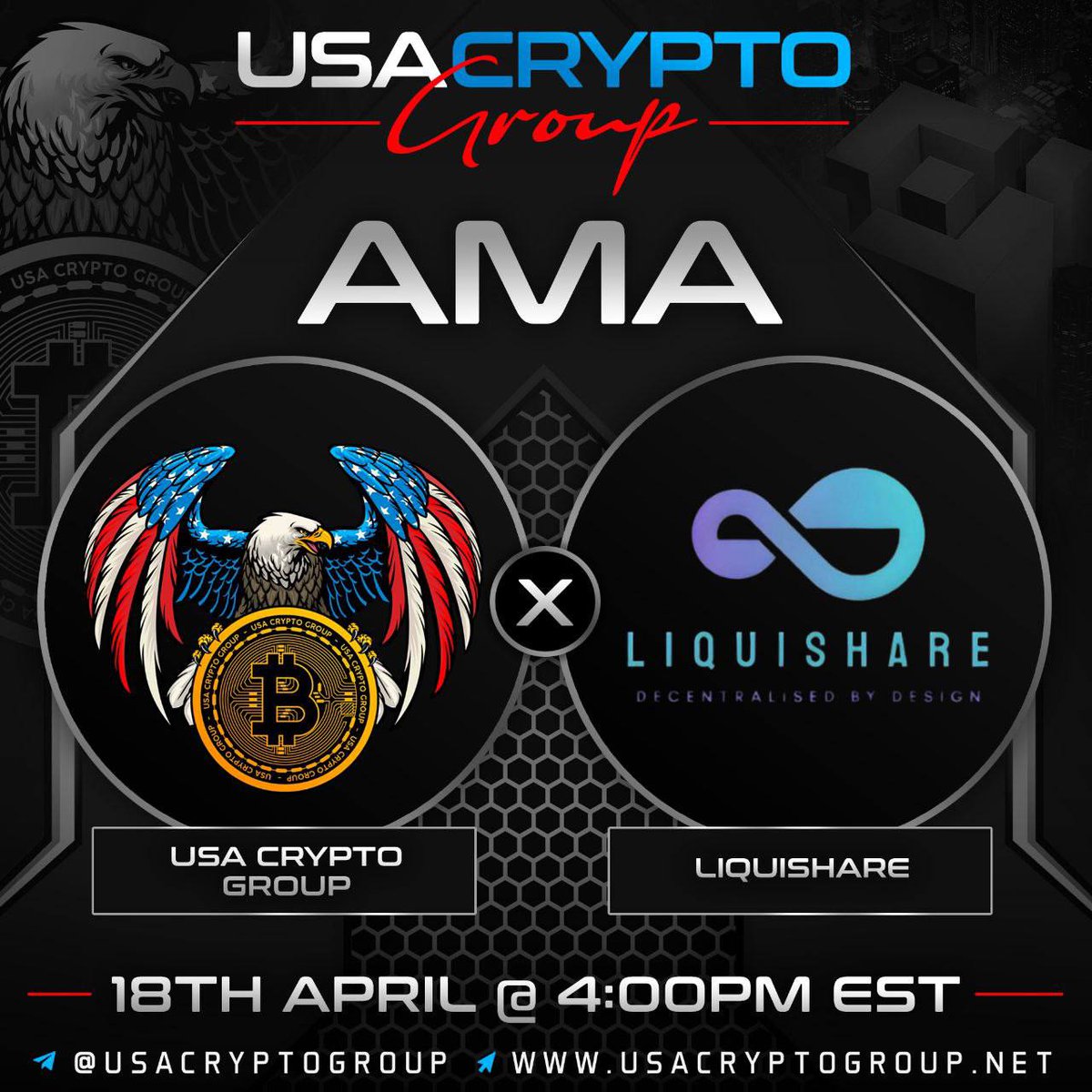 Venue: LiquiShare AMA Prize: Total $60 of tokens Location: t.me/UsaCryptoGroup………… Twitter Cash Price: $15 of tokens Rules: Follow & Join @LiquiShare @USACryptoGroup -Like, RT, comment