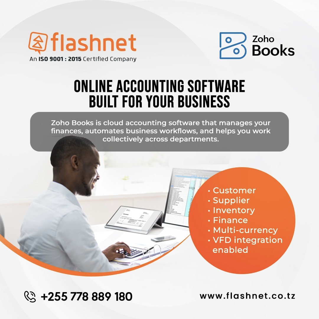 Take Your Accounting to the Cloud with Zoho Books. 
Flashnet, the trusted Zoho Partner in Tanzania is here to help your business enjoy seamless financial management with real-time data synchronization. Simplify invoicing, expense tracking, and reporting. 
#accounting #zohobooks
