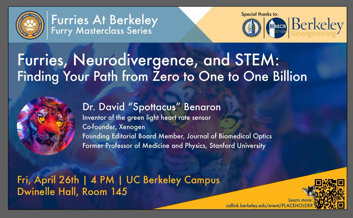 I'm going to be giving a furry STEM lecture at UC Berkeley on 'Furries, neurodivergence, and STEM: Finding Your Path from Zero to One to One Billion,' Friday Apr 26, 2024. Here is the talk poster. Thanks to the Furries at Berkeley for the invite -- ❤️