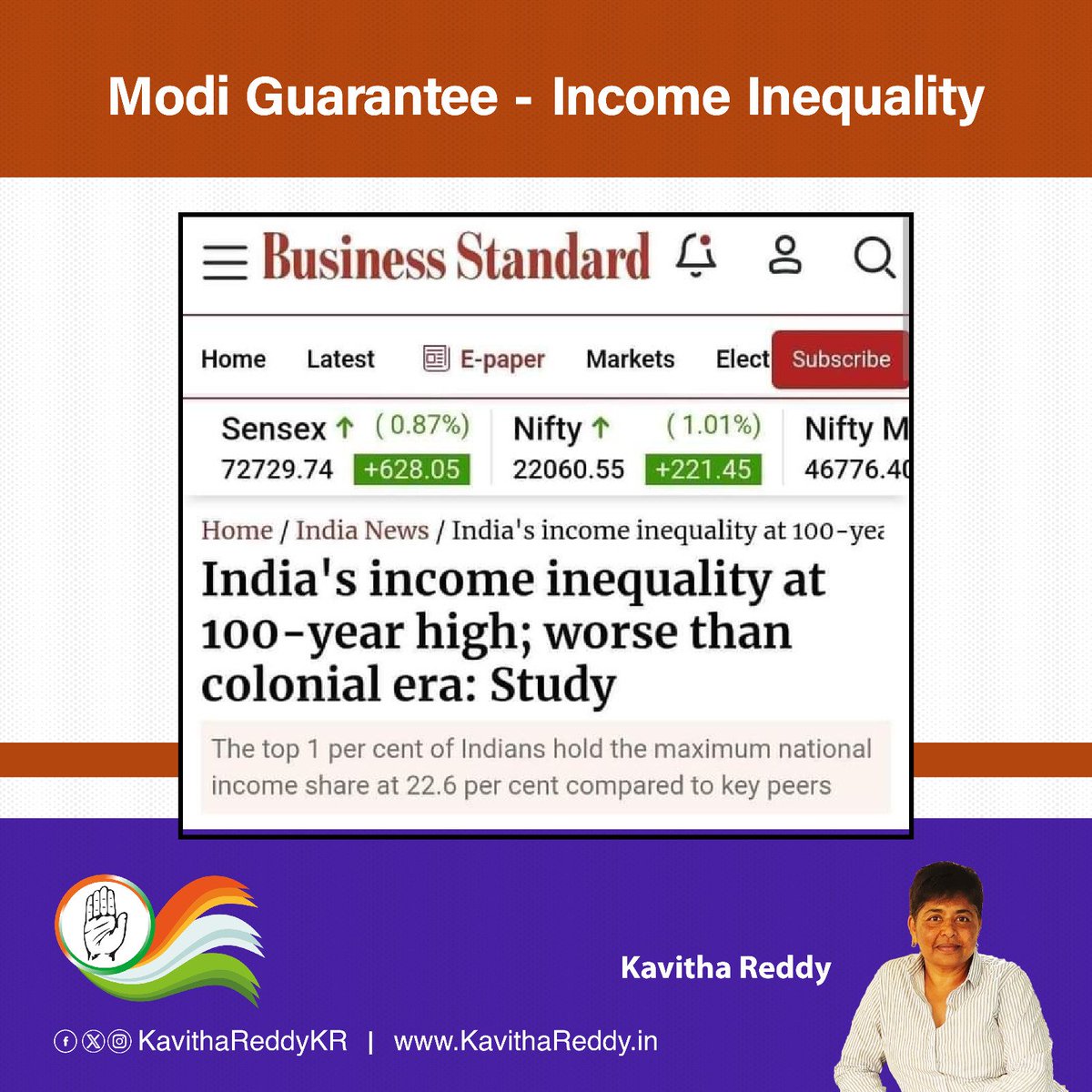 Income Inequality is the greatest #ModiGuarantee 

#ModiKiGuarantee -  #PriceRise #Unemployment #Threats #Injustice #ElectoralBondScam #BankLoot #ILOReports 

#KavithaReddyKR  #WomenInPolitics #Elections2024 #WeThePeople #JaiBhim #MAHINDA #Dharwad #SantoshLad