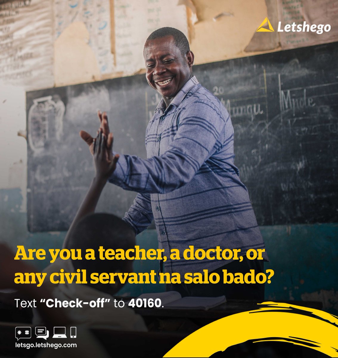 Salo kukuwalate isikustress. Enjoy April holiday yako , get our Salary Check Off Loan today. Unlock up to 3 million in just 24 hours with 96 months repayment. Text “Check-off” to 40160 or dial 0730 687 777 today. #Letshego #SalaryCheckOff