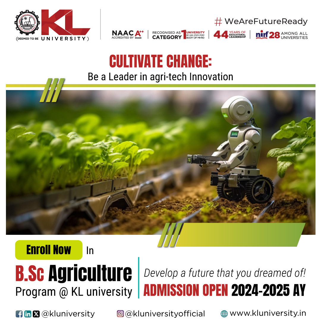 KL University's BSc. Agriculture program equips you with cutting-edge Ag-Tech skills & sustainable practices. Be a game-changer in the world of food & farming! 

Apply Now: kluniversity.in/admissions-202…

#KLuniversity #KLU #Admissions2024 #WeAreFutureReady #BSCAgriculture