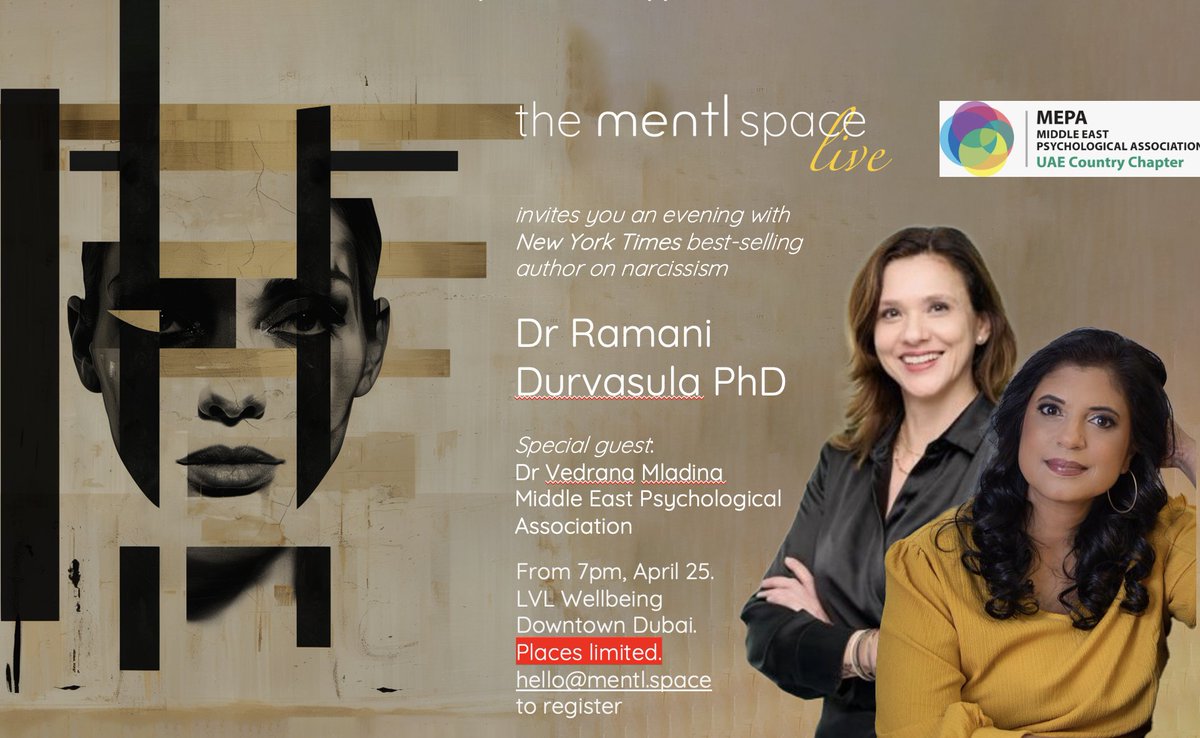 mentl (@mentl_space) on Twitter photo It's not you...
We're excited to announce a very special evening for 'the mentl space: live' #podcast as we sit down with <a href="/DoctorRamani/">Dr. Ramani Durvasula</a> - New York Times best-selling author of 'It's Not You: Identifying and Healing from Narcissistic People', and host of the 'Navigating It's not you...
We're excited to announce a very special evening for 'the mentl space: live' #podcast as we sit down with <a href="/DoctorRamani/">Dr. Ramani Durvasula</a> - New York Times best-selling author of 'It's Not You: Identifying and Healing from Narcissistic People', and host of the 'Navigating