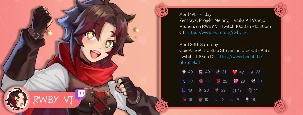 ♡ - It's been announced that Ruby is collabing with several VTubers ˎˊ˗

✨- On Friday, she's playing Lethal Company with Zentraya, Projekt Melody and Haruka

✨- On Saturday, she will be appearing in Obiekatiekat's stream

[#RWBY #VTRubyRose]