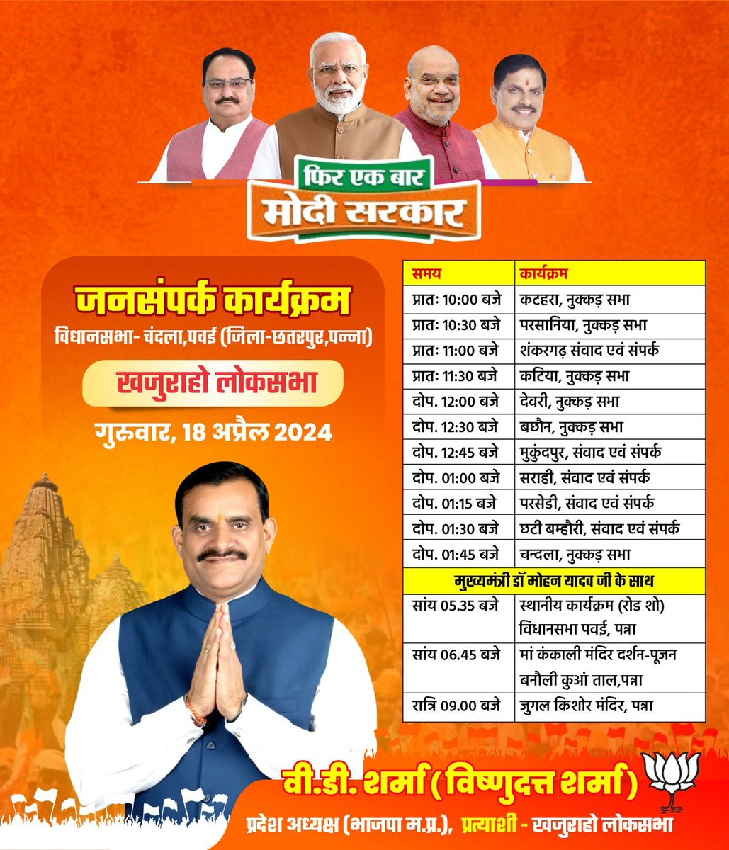 आज 18 अप्रैल का प्रवास कार्यक्रम।

#KhajurahoLoksabha #PhirEkBaarModiSarkar