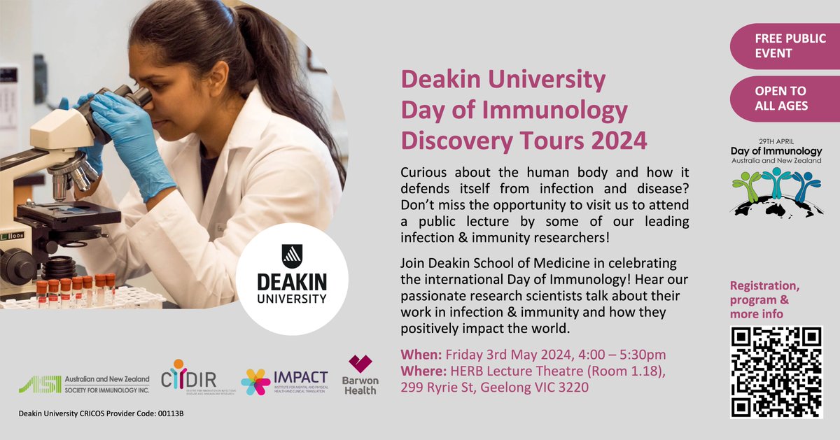 Celebrate the Day of Immunology with Deakin School of Medicine! Don't miss the opportunity to ask questions & chat to our passionate researchers about their impactful work in infection & immunity. Register now! @CIIDIR_Hub @BarwonHealth @IMPACTDeakin @deakinresearch @ASImmunology