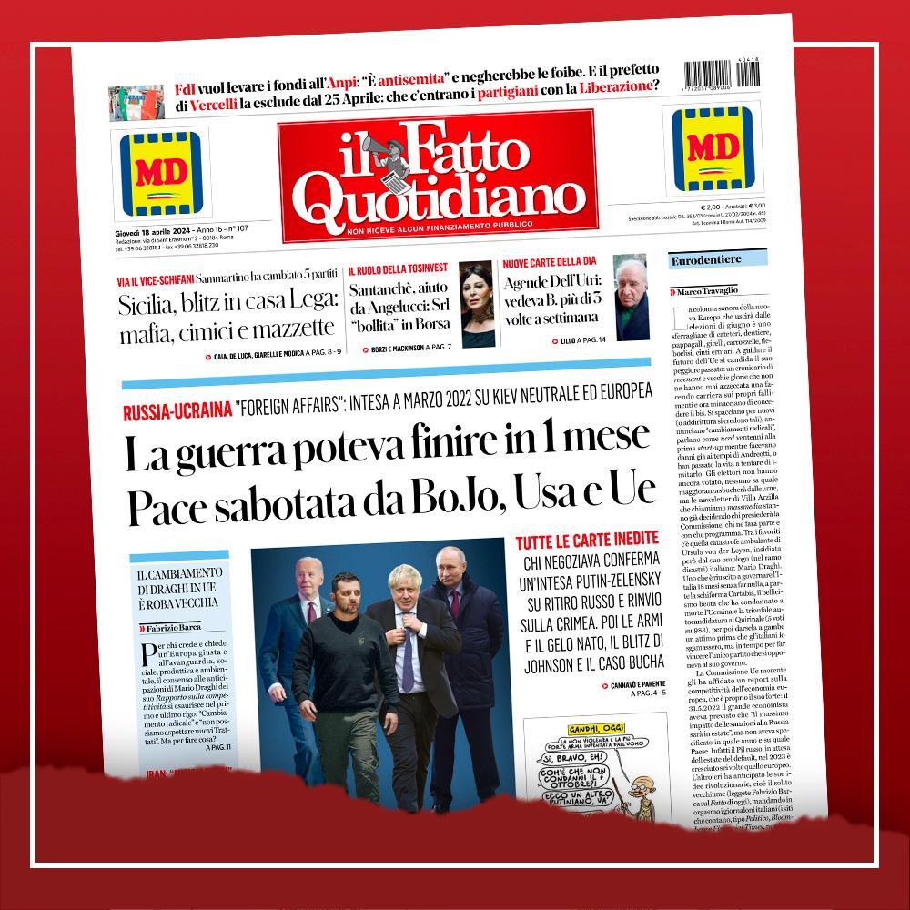 La #guerra poteva finire in 1 mese. #Pace sabotata da BoJo, #Usa e #Ue. Leggi Il Fatto Quotidiano 👉 ilfat.to/primapagina