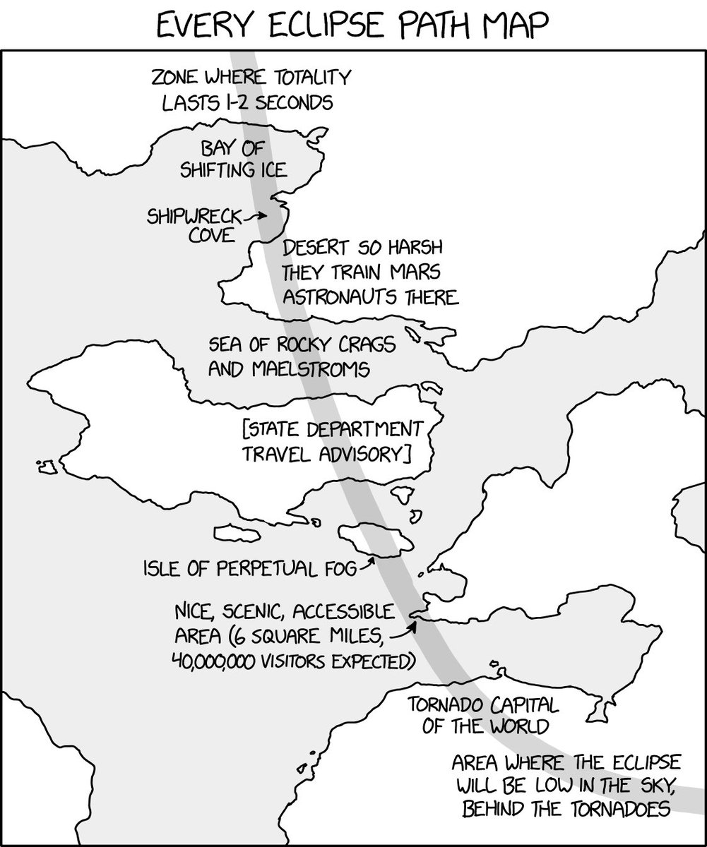 xkcd's tweet image. Eclipse Path Maps xkcd.com/2921