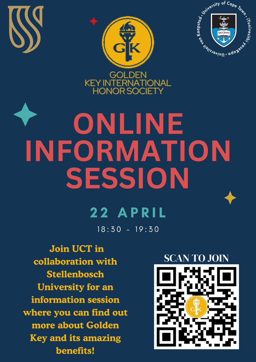 GKTUTChapter's tweet photo. Hey Goldies ✨

Gather with us online, join UCT @goldenkey_uct in collab with SU @gkstellenbosch.

Scan the QR code to join or click the link below.

https://t.co/uxMYf31wdJ https://t.co/xfRlP5Ia4Z
