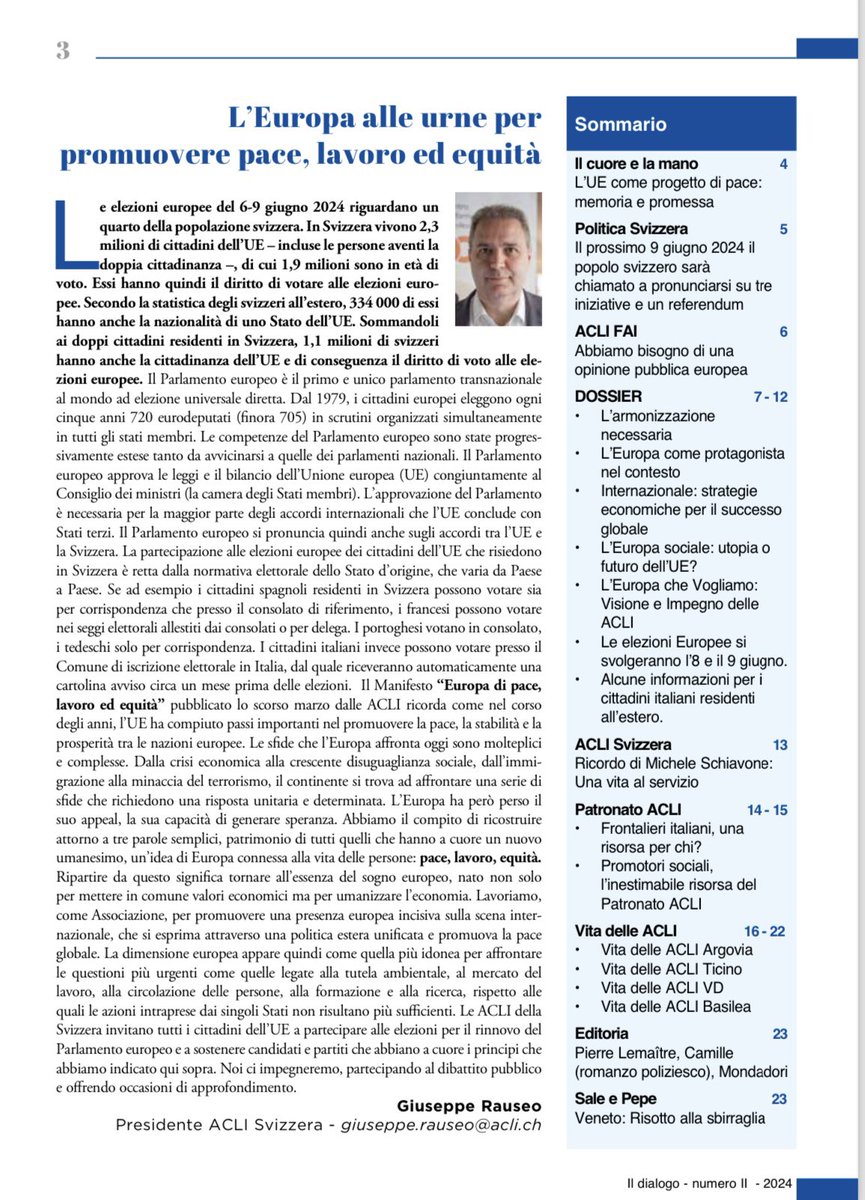 Cattedra Rosmini (@cattedrarosmini) on Twitter photo L’UE nasce e si realizza quale progetto di pace, come emerge chiaramente dalla Dichiarazione Schuman del 9 maggio 1950. Grazie alle ACLI Svizzera e a <a href="/GiuseppeRauseo/">Giuseppe Rauseo</a> per aver dedicato l’ultimo numero di “il dialogo” al tema dell’Europa, in vista delle elezioni dell’8-9 giugno! L’UE nasce e si realizza quale progetto di pace, come emerge chiaramente dalla Dichiarazione Schuman del 9 maggio 1950. Grazie alle ACLI Svizzera e a <a href="/GiuseppeRauseo/">Giuseppe Rauseo</a> per aver dedicato l’ultimo numero di “il dialogo” al tema dell’Europa, in vista delle elezioni dell’8-9 giugno!