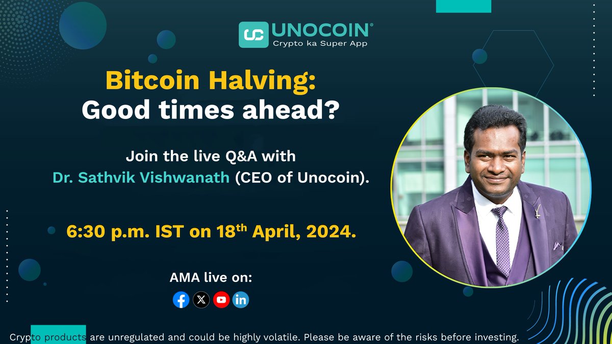Unocoin's tweet photo. Bitcoin Halving: Good times ahead?
Join the live Q&A with Dr. Sathvik Vishwanath (CEO of Unocoin) today at 6:30 p.m
#bitcoinHalving #bitcoin #BTC #Unocoin #Sathvik #crypto #cryptocurrency https://t.co/rFncUuifIp