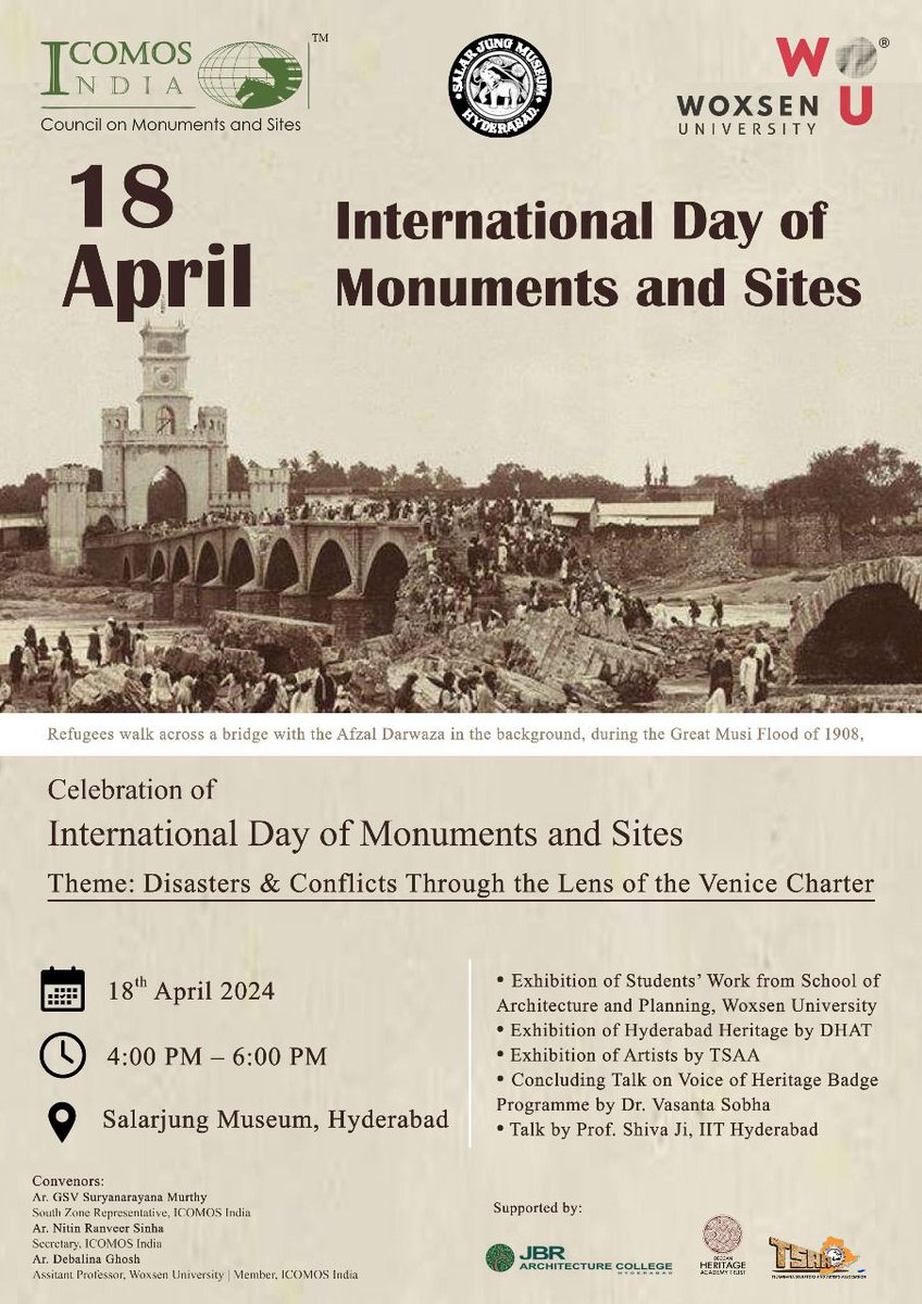 To celebrate #WorldHeritageDay the following programmes are being organized by ICOMOS India, Deccan Heritage Academy Trust & #SalarJungMuseum in collaboration with Woxen School of Architecture and planning, JBR Architecture College and Telangana Sculptors and Artists Association.
