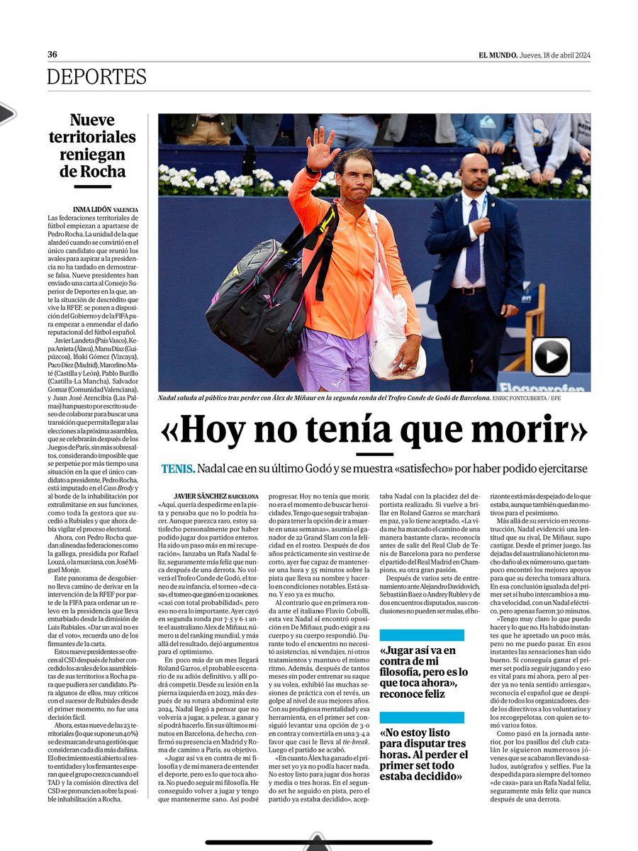 Que duro tiene que ser para un deportista como ⁦@RafaelNadal⁩ decir esto. Gran ejercicio de paciencia y estoicismo para conseguir su sueño de poder competir al máximo nivel en Paris. Ojalá pueda ser así Rafa.