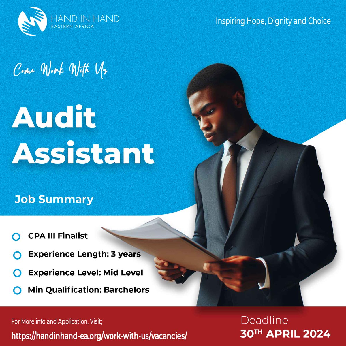 We are looking for an Audit Assistant to join our team. Interested and qualified individuals are urged to submit their applications. For more information on the position, visit; handinhand-ea.org/jobs/audit-ass… #EnterpriseRising #InspiringHopeDignityChoice