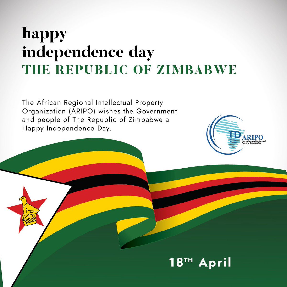 Happy Independence Day, #Zimbabwe ! 🇿🇼 ARIPO congratulates and joins the people of the Republic of Zimbabwe in celebrating the 44th Independence Day. #ARIPOMemberStates @MoFA_ZW @MoJLPA @cipz_zimbabwe