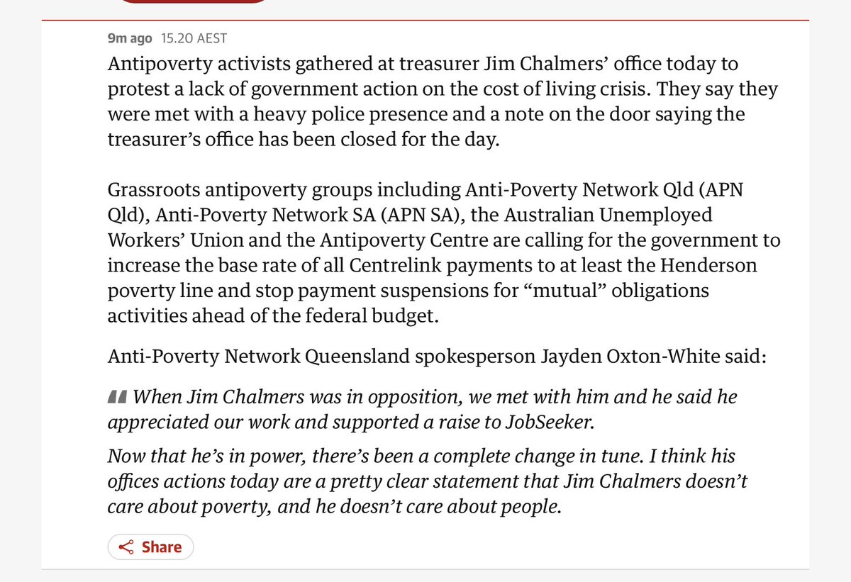 When @antipovertyqld & CUDL visited the treasurer's office today they wanted to deliver a letter reminding Chalmers of his past support for their work. Instead they were met with cops and a sign on the door saying the office is closed. Thanks @cait__kelly for reporting.