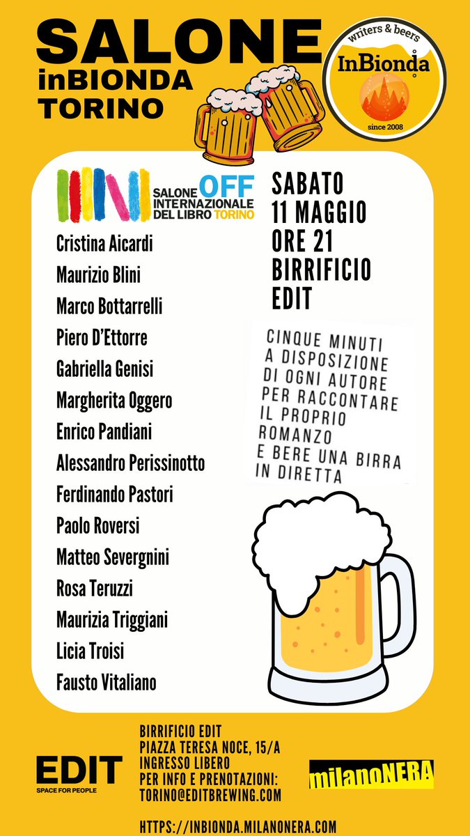 Per la sera dell’11 maggio, ore 21 a Torino non prendere impegni perché arriva il Salone in bionda! Un evento da non perdere inserito anche nell’ambito del Salone OFF. 14 scrittori crime e tanta birra! Prenota il tuo posto!  #saloneinbionda #torino #giallo eventbrite.it/e/salone-in-bi…