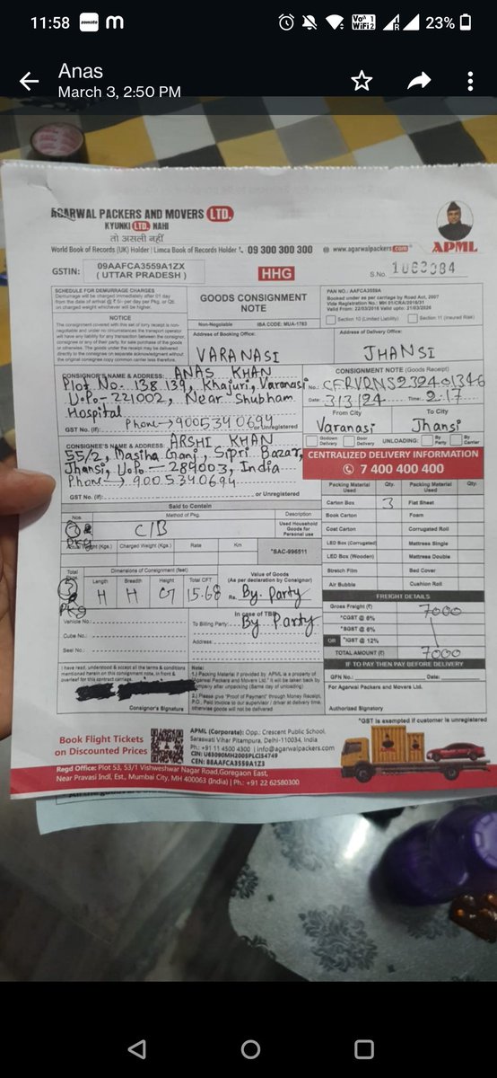 ARSHIKHAN67's tweet photo. @agarwalpacker @anasiskhan @devusinh @nitin_gadkari @rameshagrwl @PMOIndia 7428581801 - chandra from Varanasi where the consignment got sold.

Jay maliya - 9300300300

Vaibhav gupta - 88269 08358

Consignment number is - GCVRNS232401135 https://t.co/OpW9erN24U