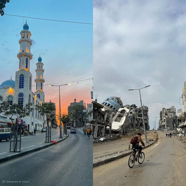 xyzveiws's tweet photo. This is Salim Abu Musallam Mosque in Beit Lahia, northern Gaza before and after it was completely destroyed by Israeli warplanes. 

The Israeli occupation doesn't only destroy neighbourhoods and residential buildings but steals memories and historical monuments. https://t.co/0Z4bSNjpaj