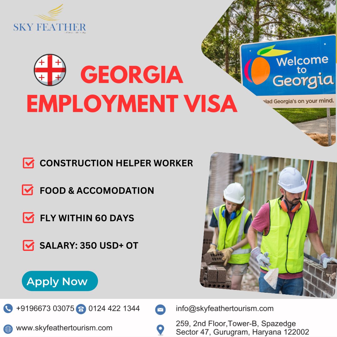 urgent urgent urgent  demand for Georgia❤️
( Country in europe )💫
#Processing time : 60 Days
#Totalcost : 2Lakh
#NoAdvance Money Before Selection
AVAILABLE TO INDIAN & NEPALI CITIZENS 🚀
ECNR PASSPORT ONLY
What's app:+91 74286 40070
#skyfeathertourism #GeorgiaEmploymentVisa