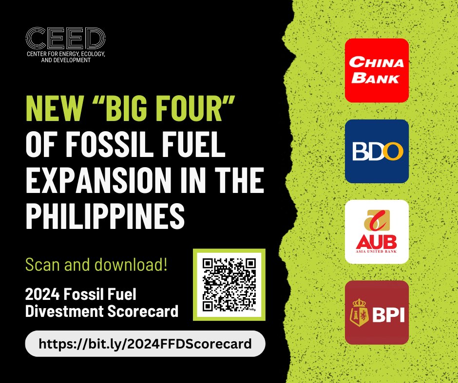 🏅 @chinabankph, BDO, @AUBofficialph, @TalktoBPI🏅 These four banks poured the most financing into fossil fuels among PH banks. Learn more by reading the 2024 Fossil Fuel Divestment Scorecard. Scan and download your copy of the report at bit.ly/2024FFDScoreca…