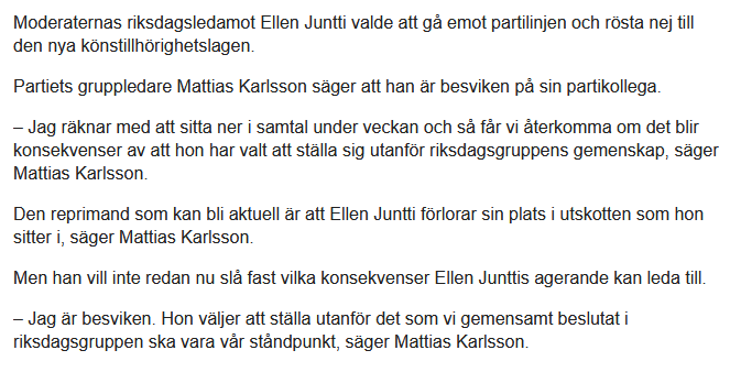 Kvinnan som lyssnar på 80% av partiet och 95% av väljarna är en svikare och måste straffas. 

Moderaterna är ett jävla clownparti.