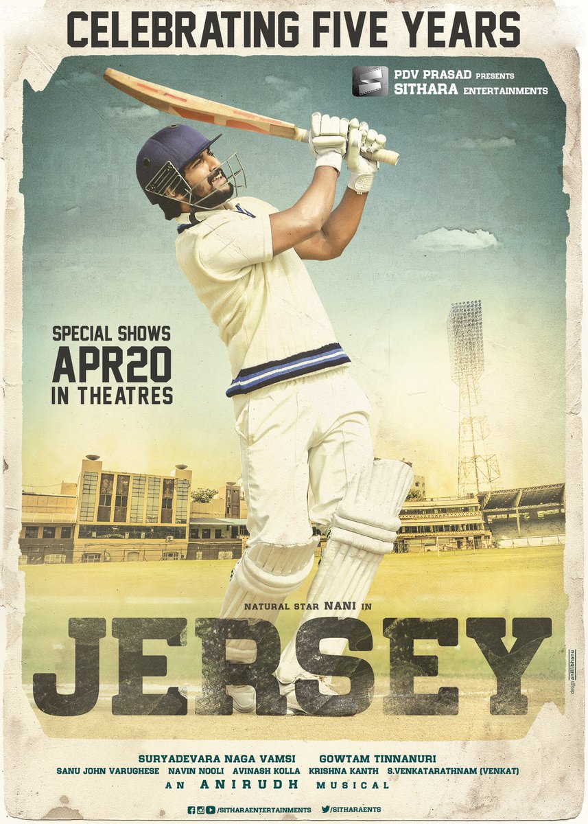One of Nani's career best films- #Jersey is all set for special shows on 20th April on Occasion of it's 5 Year Anniversary. Let's celebrate @NameisNani 's Most prolific films on Big screen once again. Book your tickets now: in.bookmyshow.com/hyderabad/movi… @DayaArjun2 @SitharaEnts