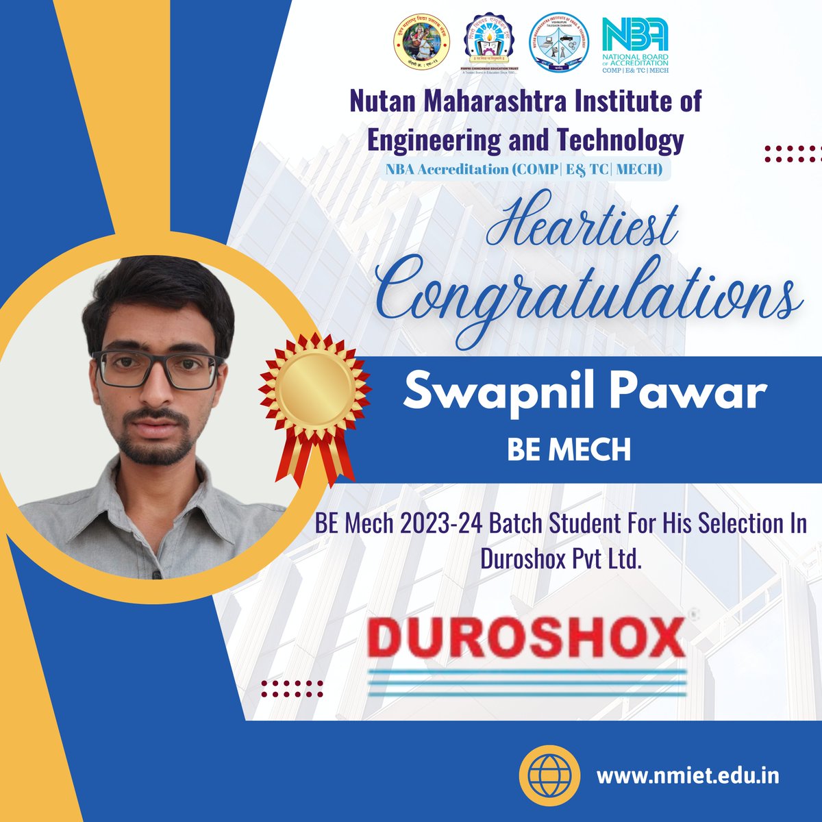 We are happy to share that our B.E. Mech student, Mr. Swapnil Pawar, has been selected in Duroshox.

#PCET #NMIET #Duroshox #Placements2024 #BestPlacementCollegeinPune #StudentAchievement #NMIETPlacements #Placement #PCETPlacement #Pune #engineeringcollegeinpune #engineering