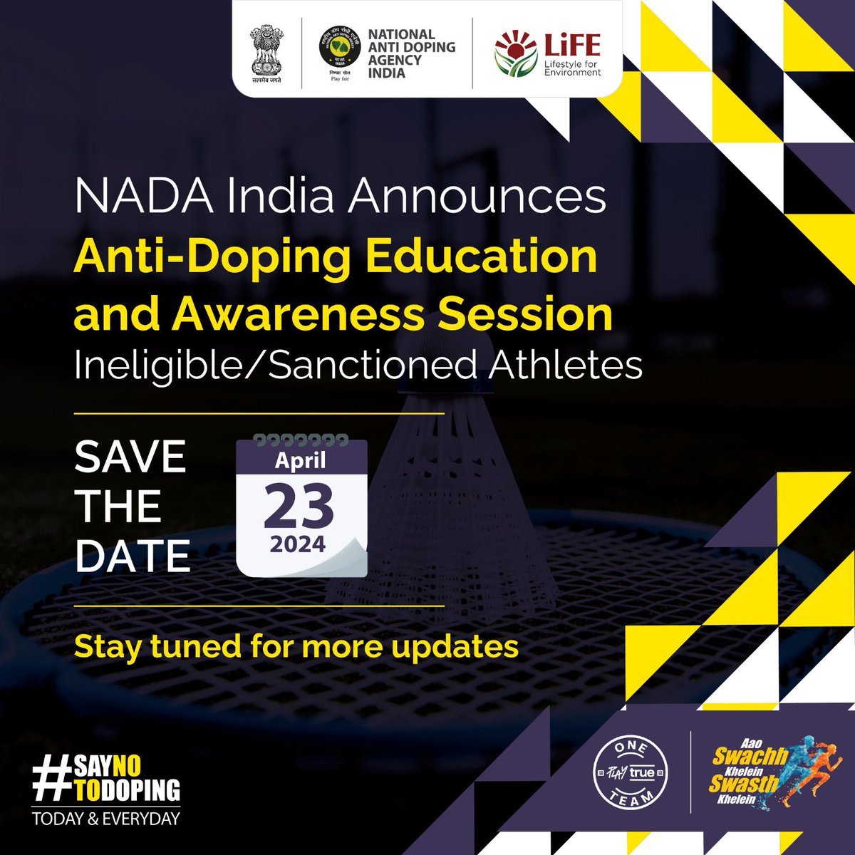 NADA India cordially invites all Ineligible/Sanctioned athletes to an awareness session on anti-doping practices on 23rd April 2024. @wada_ama