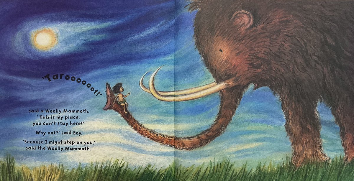 #BookIllustrationOfTheDay is from “Boy” (2004) I had hoped this would become a little series, but alas, it wasn’t to be. But I loved illustrating this, in pastels, and I still think it’s a good book. Here boy meets a woolly mammoth. #60for60