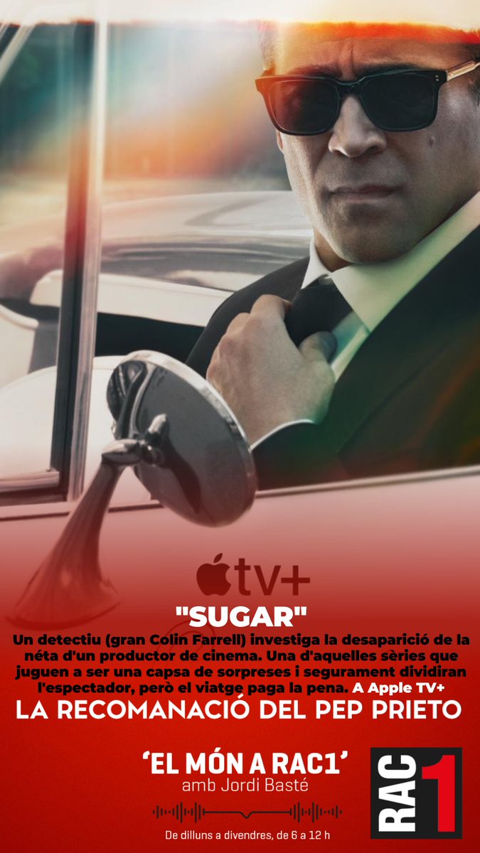 La meva recomanació a@elmonarac1: 'Sugar'. Un detectiu (gran Colin Farrell) investiga la desaparició de la néta d'un productor de cinema. Una d'aquelles sèries que juguen a ser una capsa de sorpreses i segurament dividirà l'espectador, però el viatge paga la pena. A Apple TV+