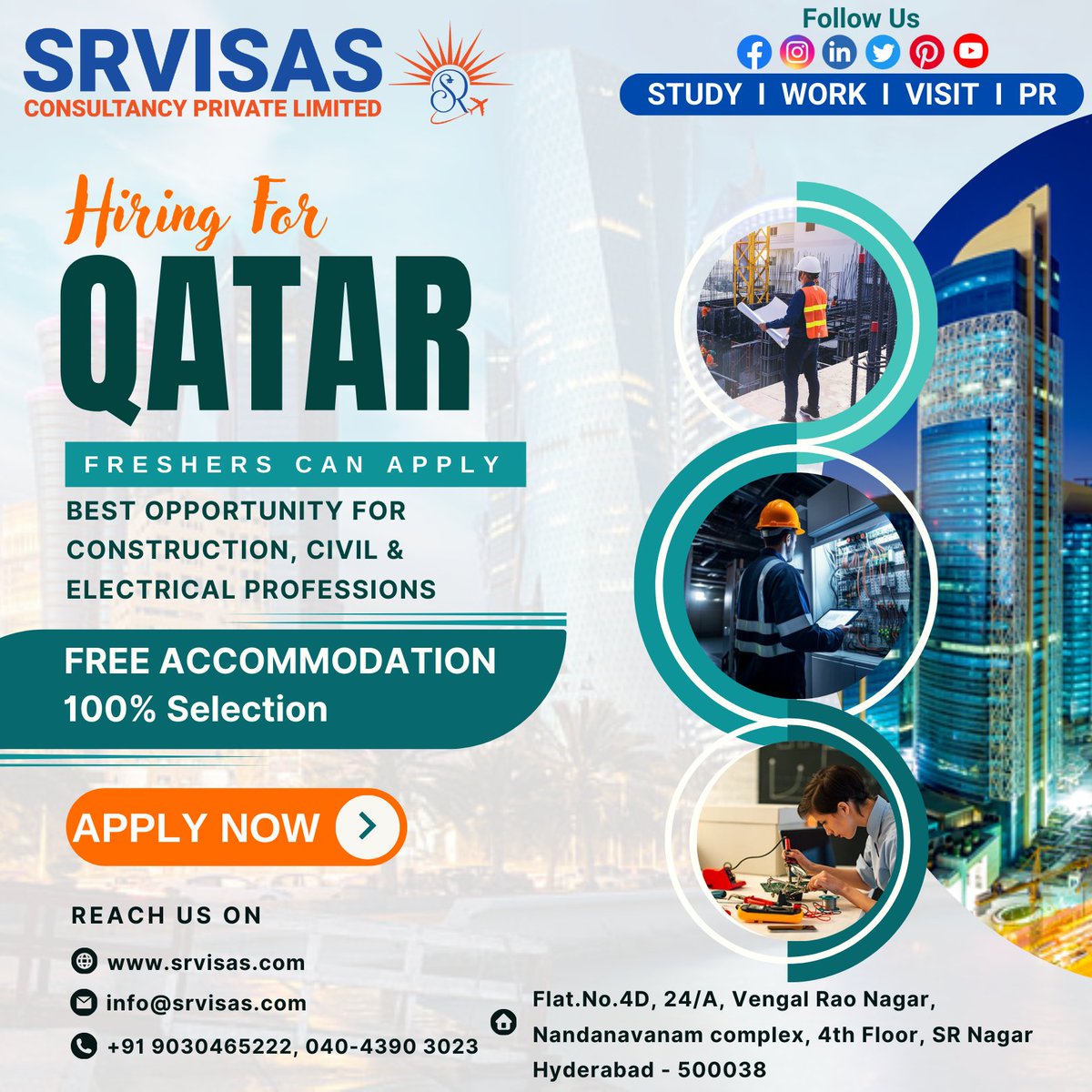 Hiring For Qatar. Best Opportunity for Construction, Civil & Electrical Professions. Free Accommodation. 100% Selection.
#WorkVisa #CareerGoals #VisaService #WorkAbroad #ImmigrationServices #VisaAssistance #VisaExpert #VisaConsultation #VisaApplication #WorkVisa #VisaProcess