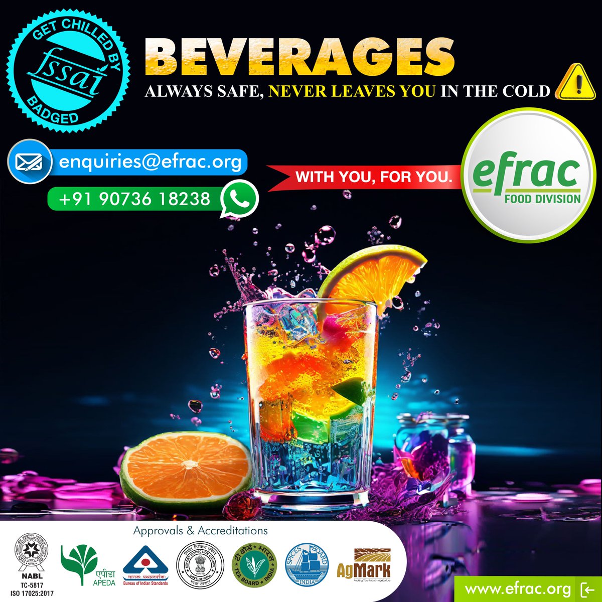 #efrac #efraclab #FSSAICompliance #beveragetesting #foodsafety #qualitycontrol #consumersafety #RegulatoryCompliance #MicrobiologicalAnalysis #ChemicalTesting #NutritionalAnalysis #sensoryevaluation #foodindustry #accreditedlab #safetyfirst #healthybeverages #testingservices