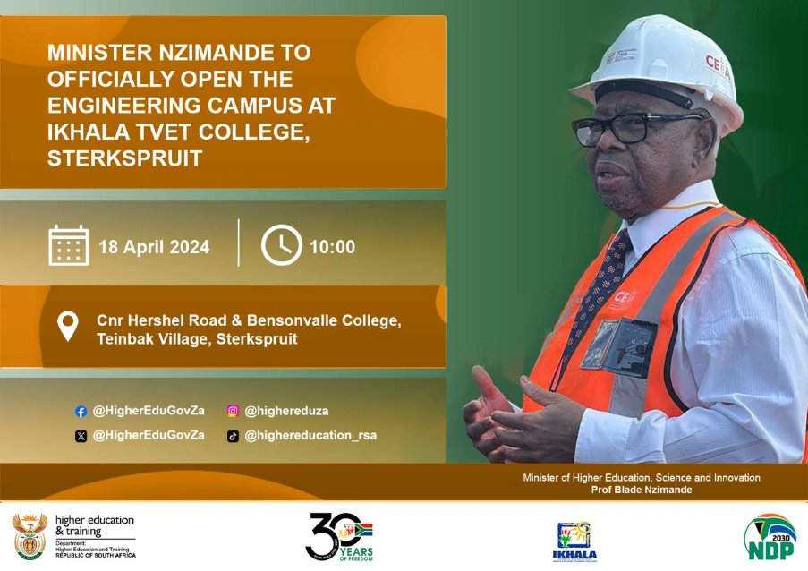 HigherEduGovZA's tweet photo. The Minister of Higher Education, Science and Innovation Prof @DrBladeNzimande will officially open the Engineering Campus of Ikhala TVET College in Sterkspruit, today the 18th of April 2024.
#OfficialopeningofIkhalaTVETcollege #Engineeringcampus https://t.co/JmFalZW4oT
