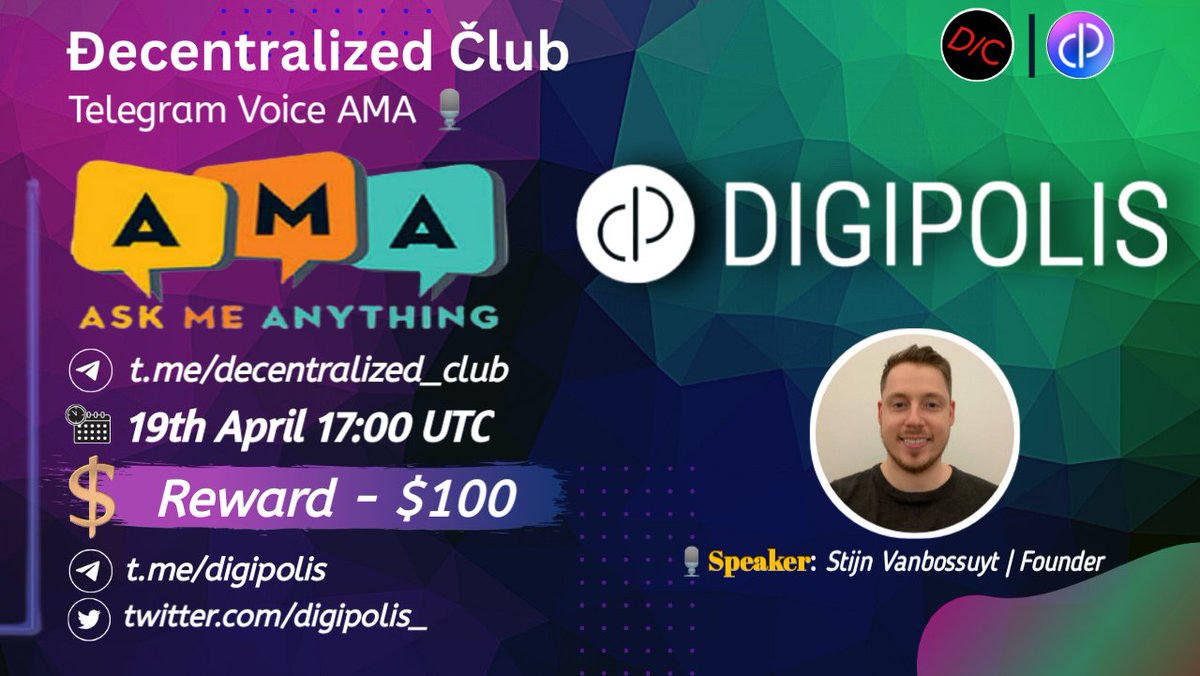 DC Presenting a #TG_Voice_AMA🎉 📌 Venue : t.me/decentralized_… ⏰ When : 19th April 17:00 UTC 🤑 Reward : $100 10 winners will get $10 each Twitter (5) & Live asking (5) 1⃣ Follow @digipolis_ 2⃣ Like & RT & Tag 3 Friends 3⃣ Post your questions. 🚸 Must Join Digipolis &…