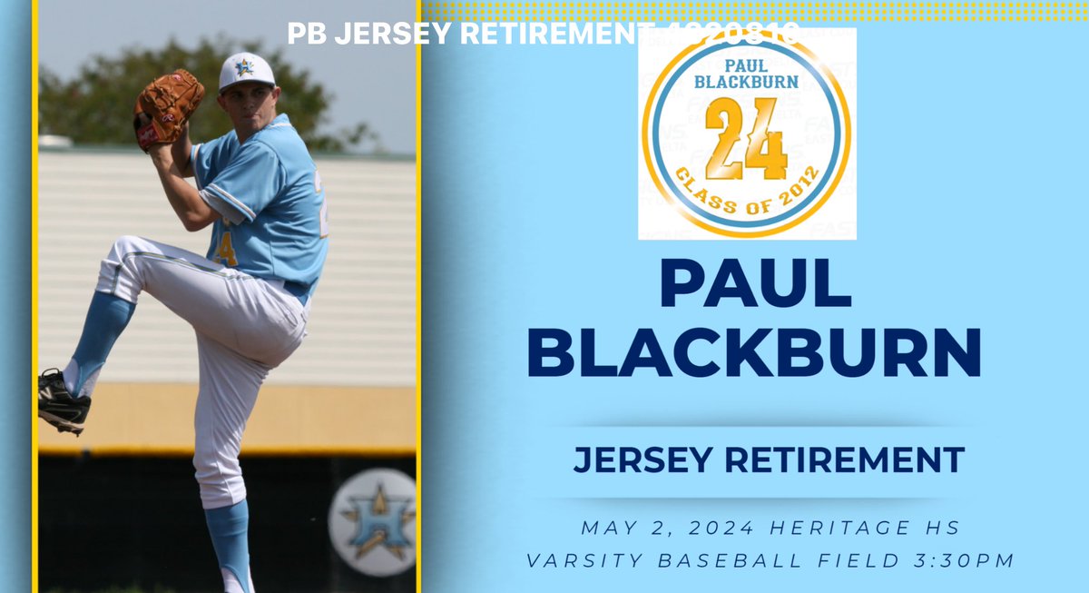 CALLING ALL ALUMNI, FORMER AND PRESENT FACULTY, ADMINISTRATORS, AND FANS OF PATRIOT BASEBALL. WE WILL BE RETIRING PAUL BLACKBURN'S JERSEY NUMBER ON MAY 2, 2024 AT 3:30 PM ON OUR VARSITY FIELD.