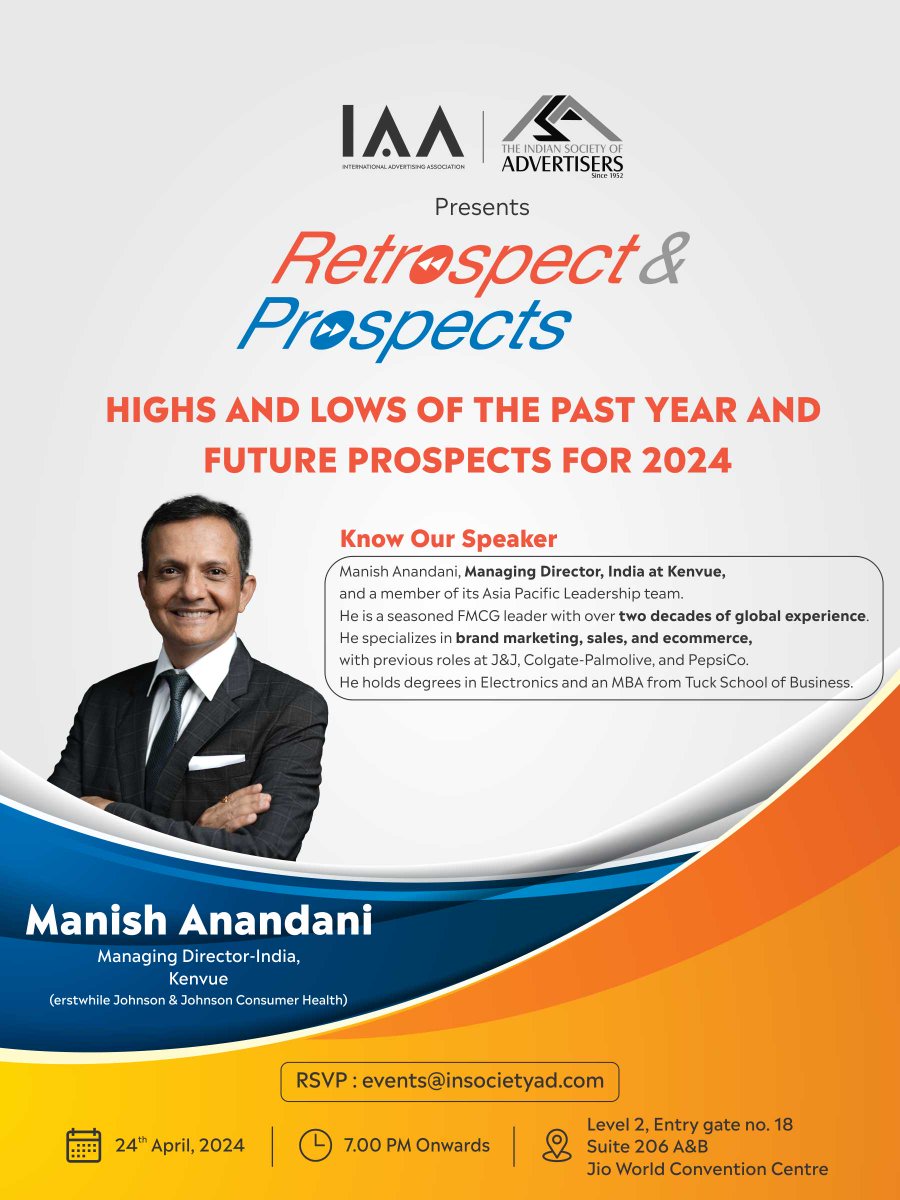 The Indian Society of Advertisers (@insoadvert) on Twitter photo Explore 'Retrospect & Prospects' with Mr. Manish Anandani on April 24 at Jio World Convention Centre, Mumbai. Unpack key marketing insights and trends. RSVP: events@insocietyad.com
# ISA #Marketing Explore 'Retrospect & Prospects' with Mr. Manish Anandani on April 24 at Jio World Convention Centre, Mumbai. Unpack key marketing insights and trends. RSVP: events@insocietyad.com
# ISA #Marketing