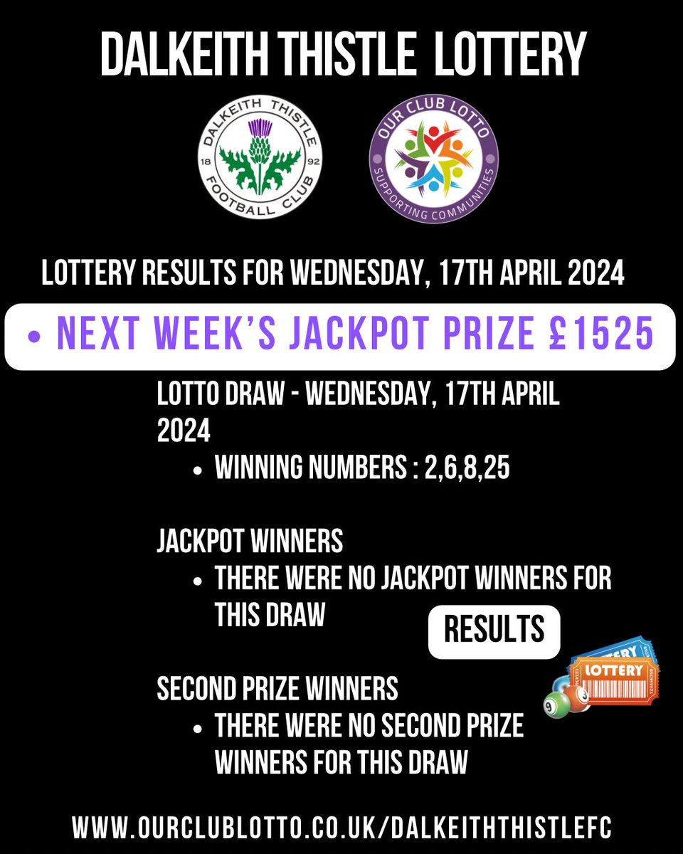 ⚫️⚪️ Play here every week to support The Jags on and off the park. 🏆 Next Week’s Jackpot Prize £1525 👉 ourclublotto.co.uk/play/dalkeitht… #dalkeith #dalkeiththistle #monthejags #midlothian #clublotto