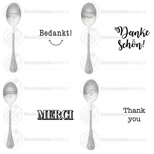 kinderbestek's tweet photo. Bedankt tekstlepels van One Message Spoon in het Nederlands, Duits, Frans en Engels #bedankt #dankeschon #merci #thankyou: https://t.co/6SVHc1Y5y5 https://t.co/TgNueyAmZT